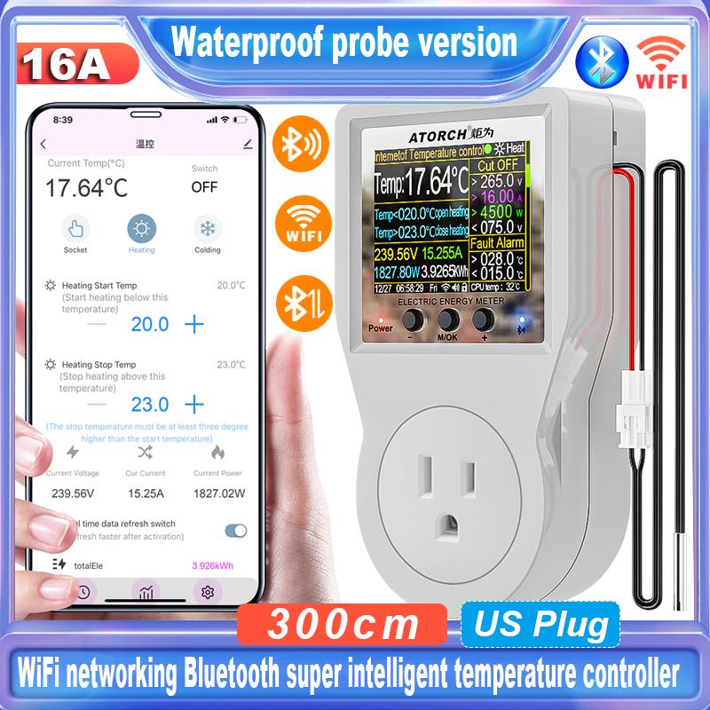 Tuya Wi-Fi Smart Thermostat Socket Outlet Plug Remote Temperature Controller Timer Switch Heating Cooling 3M NTC Sensor 16A US Waterproof NTC 3M