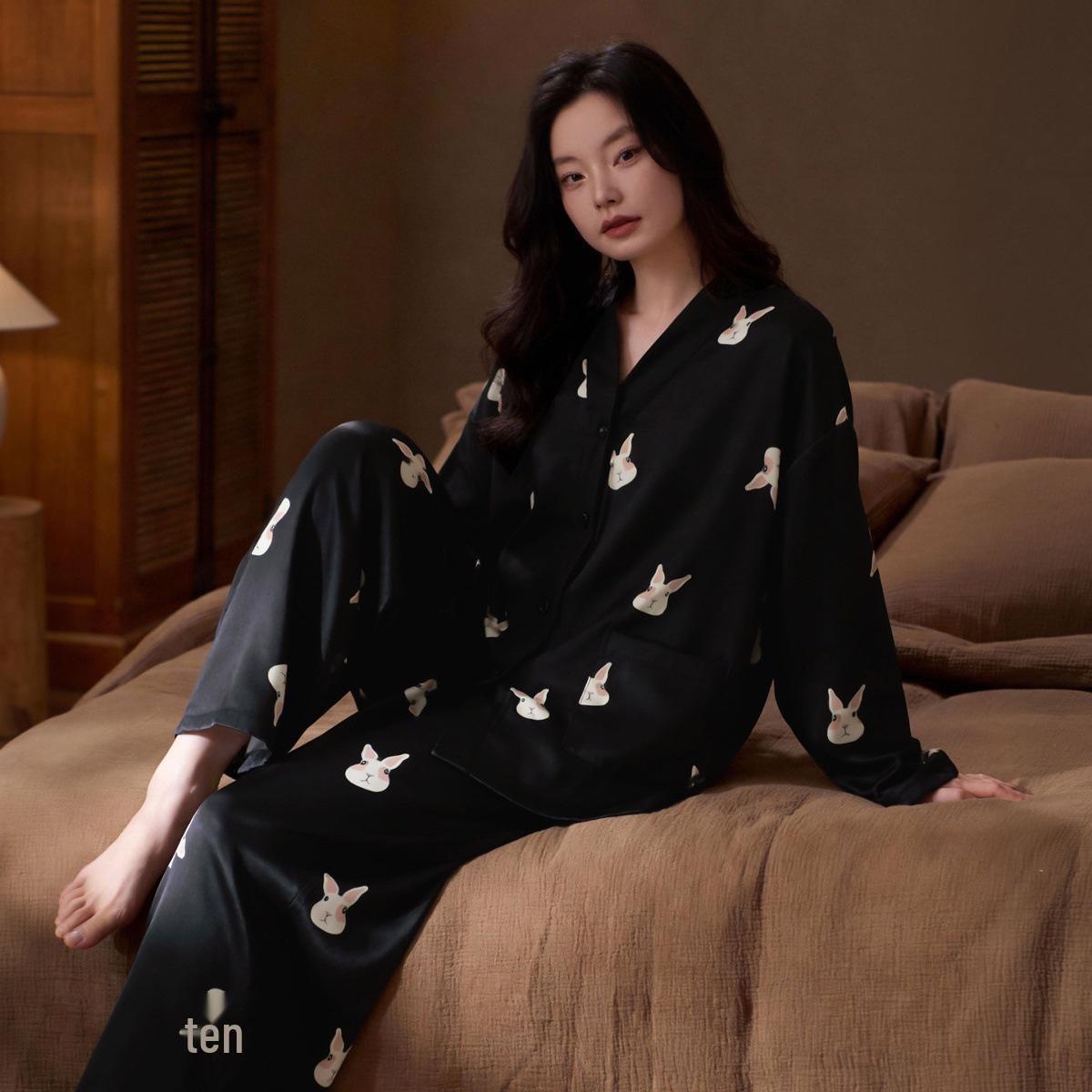 Ice Silk Women s Long Sleeve Kimono Pajama Set with Cartoon Design 2XL