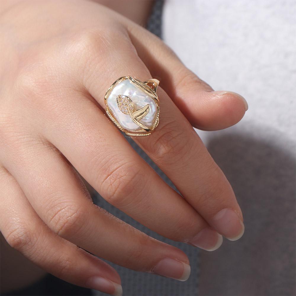 Goldener Perlen Öffnungsring Strass Naturperlenring Exquisiter Unregelmäßiger Perlenring Mädchen