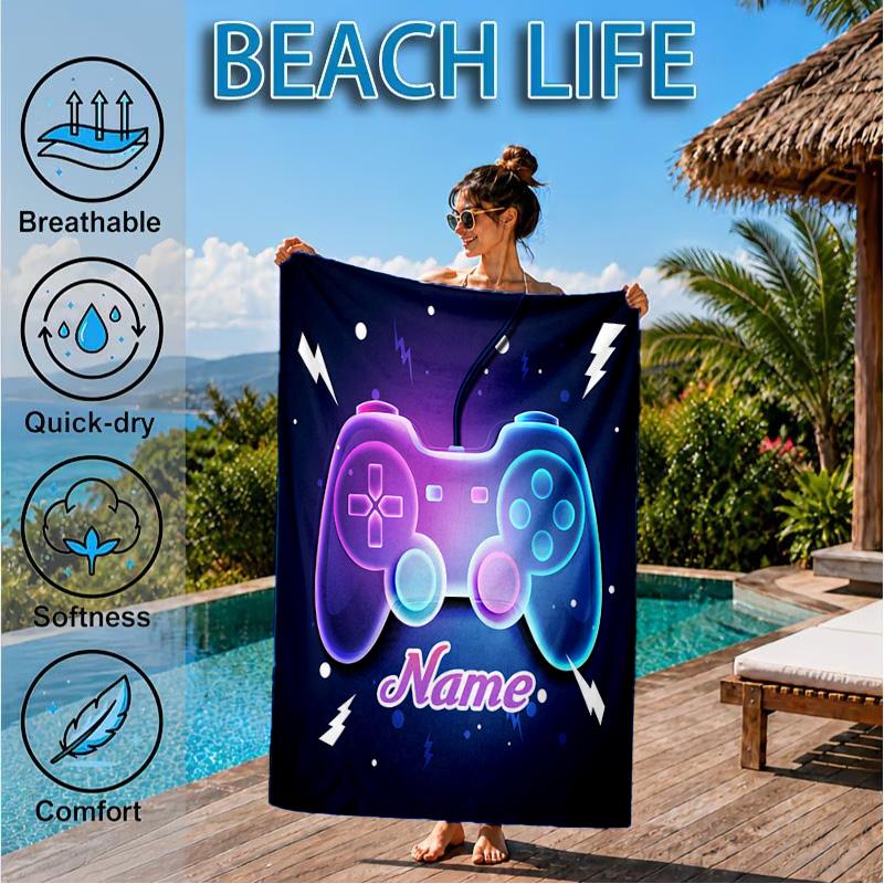 Custom Name Neon Game Controller Beach Towel Microfiber Beach Towel, Lightweight and Quick-Dry, for Summer Travel, Swimming Pool Gift