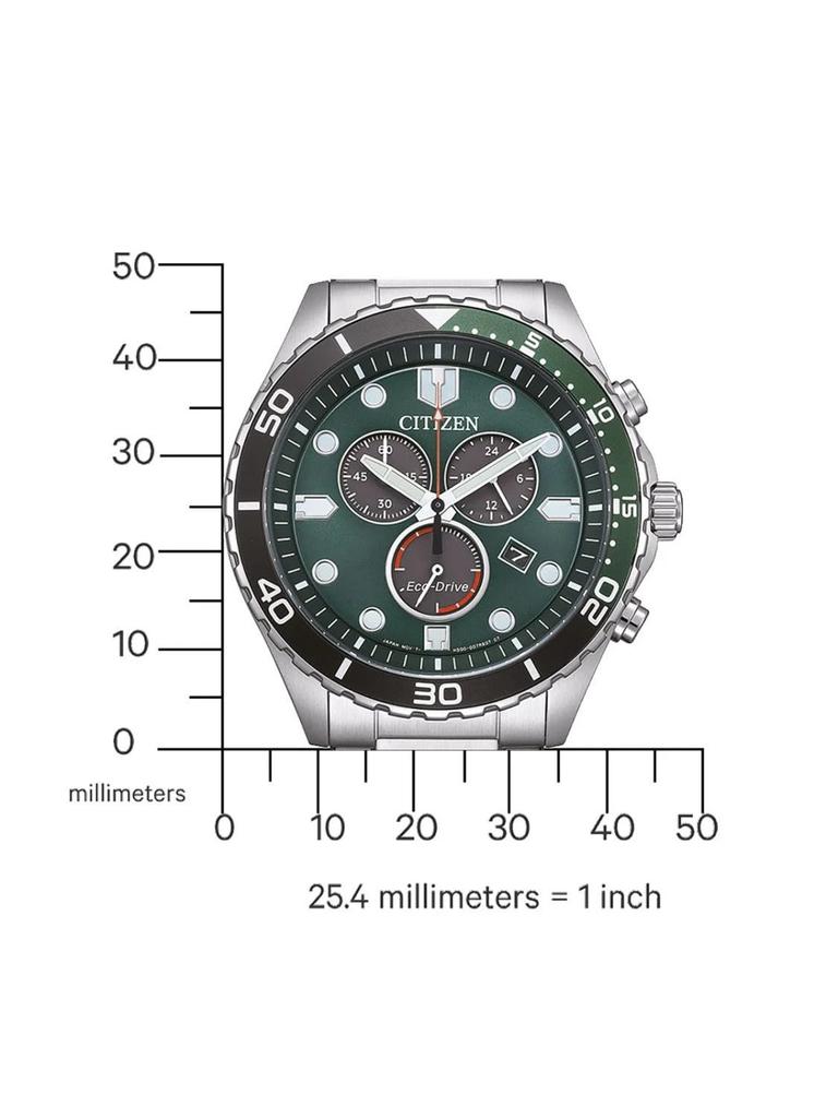 Citizen Eco-Drive Solar Chronograph Watch AT2561-81X Stainless Steel Link Strap Silver Green Men's