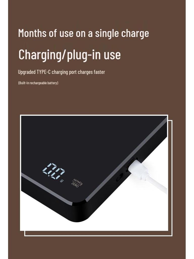 Smart Rechargeable Coffee Scale: 3kg Capacity, Accurate To 0.1g, Fast Charging, Timer-Enabled for Home and Kitchen Use.