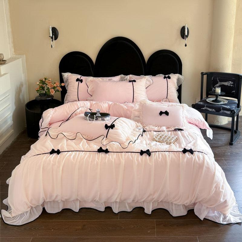Romantic Lace Princess Black Bow Bedding Set Pink Korean Style Duvet/Comforter Cover Set Bed Sheet/Fitted Sheet Pillowcases 4Pcs