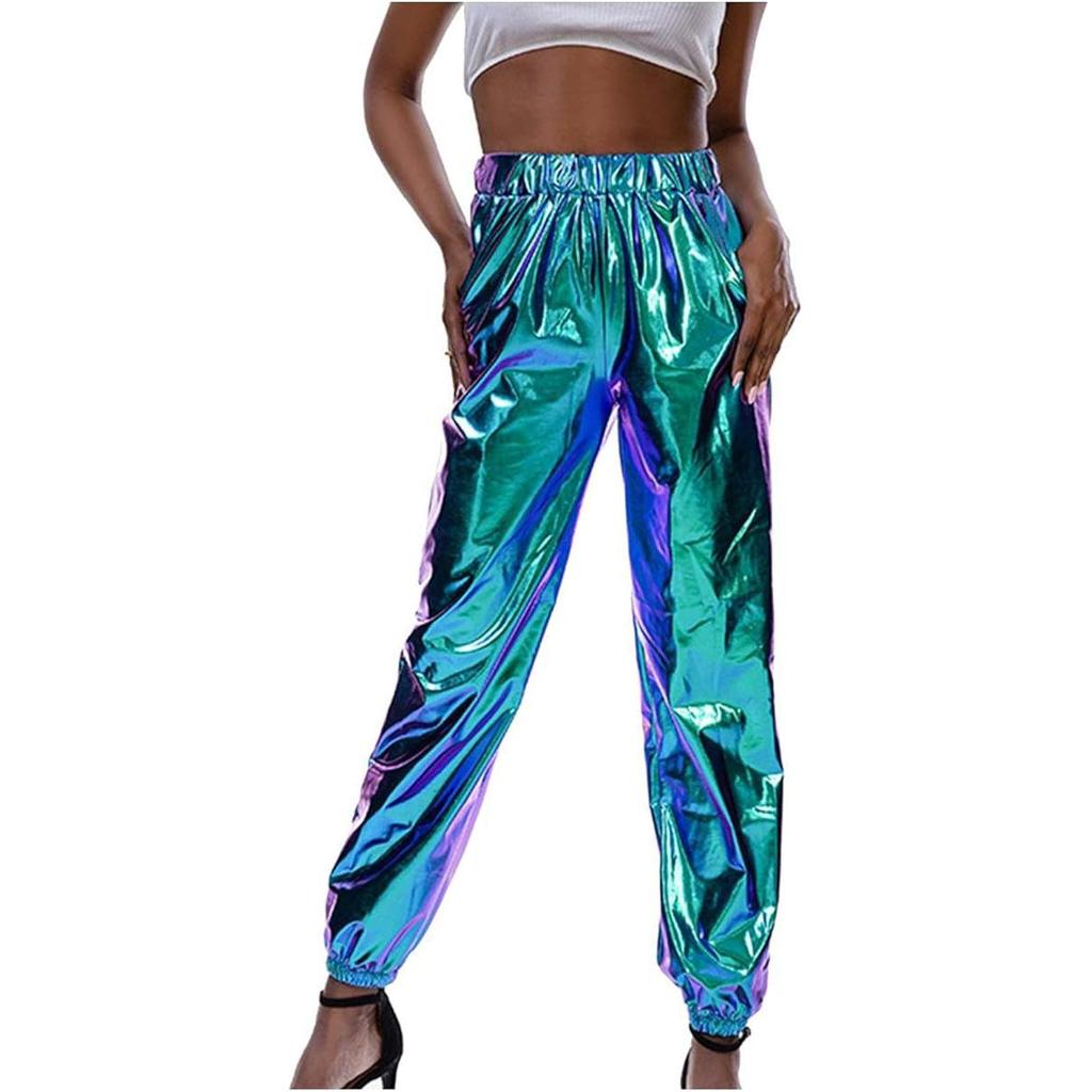 Glänzende, holografische, dehnbare, metallische Jogginghose für Damen, hohe Taille, Sweatpant, Hip-Hop-Club, Rave-Hose