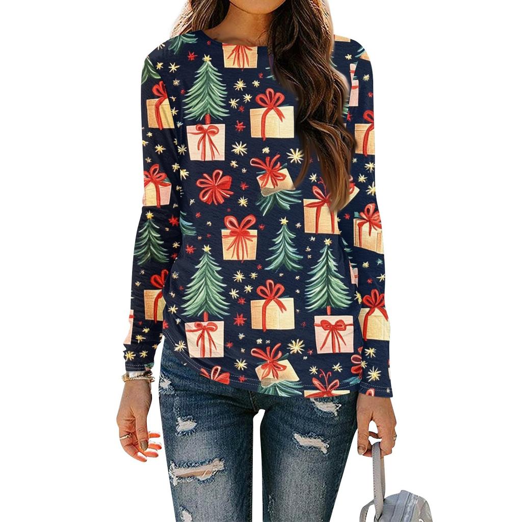 Women's Fashion Round Neck Pullover Plunging Sleeve Tee Christmas Printed Top
