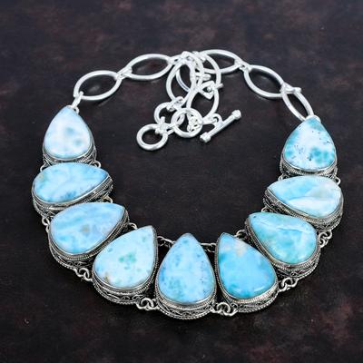 Larimar Necklace Genuine Gemstone Necklace 925 Sterling Silver Necklace Vintage Necklace Adjustable Chain Necklace Handmade Jewelry For Gift
