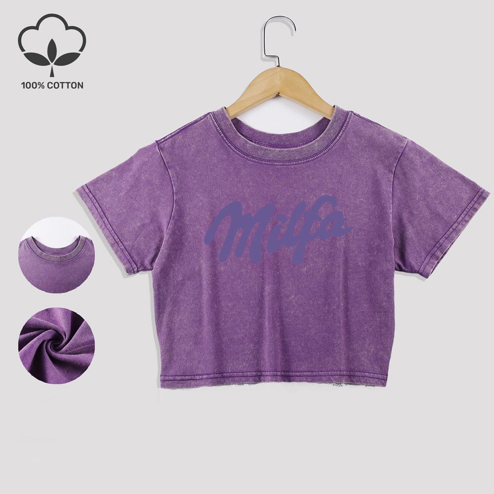 

Хлопковые футболки с принтами Milfa, выстиранные, летние кружевные кроп-топы с подолом, круглый вырез, стандартная посадка, короткий рукав, повседневная одежда XL