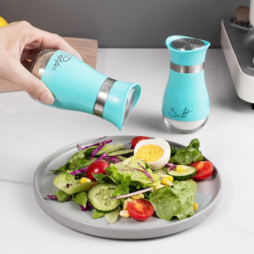 Lonffery Salz- und Pfefferstreuer, Edelstahl und Glasflasche, 2er-Set, Türkis