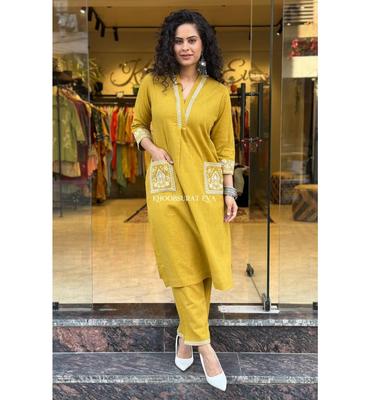 Beautiful Designer Party Wear Top Tunic Kurta Pant Set Indian Women Cotton Slub Kurti