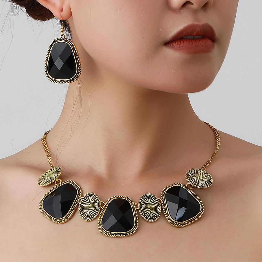 Retro European Geometric Necklace & Earring Set - Ethnic Style