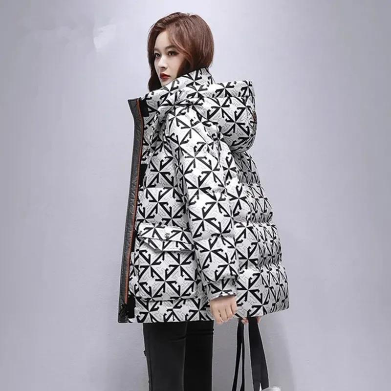 Winter Women's Mid Length Printed Down Cotton Jacket Standing Collar Hooded Winter Clothing