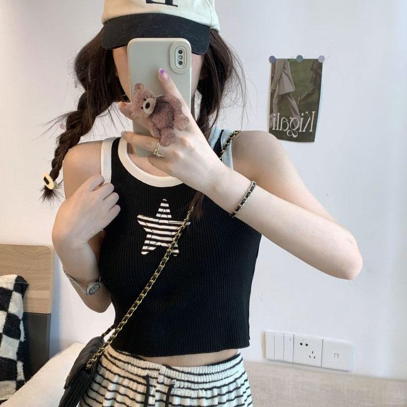 

Горячие девушки Короткий вязаный жилет с высокой талией Звезда Женский летний новый дизайн Без рукавов Топ на бретелях S чёрный