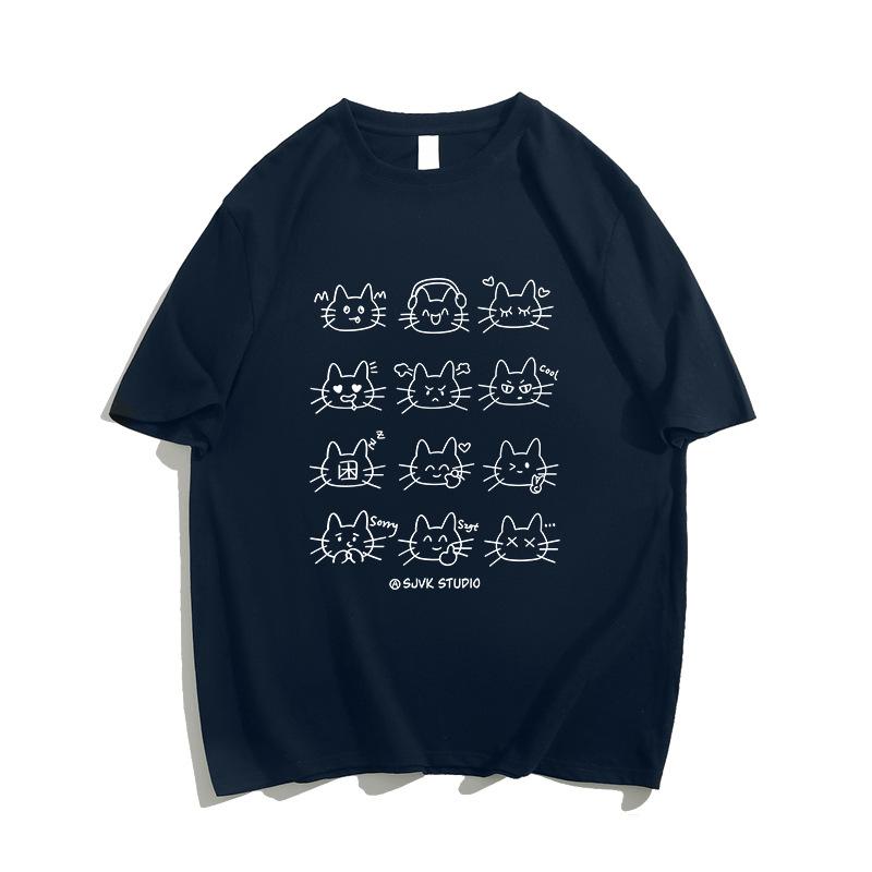 

American retro design cat short-sleeved T-shirt women s loose casual and versatile couple top trendy brand pure cotton t-shirt 3xl (recommended 85-95kg )