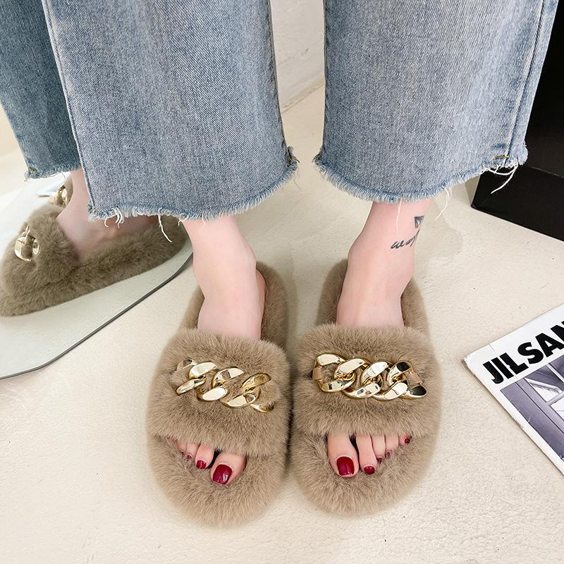 Thick-soled Mao Mao slippers women's outer wear 2025 new autumn and winter Mao Mao shoes home chain stepping on shit feeling one-word cotton drag