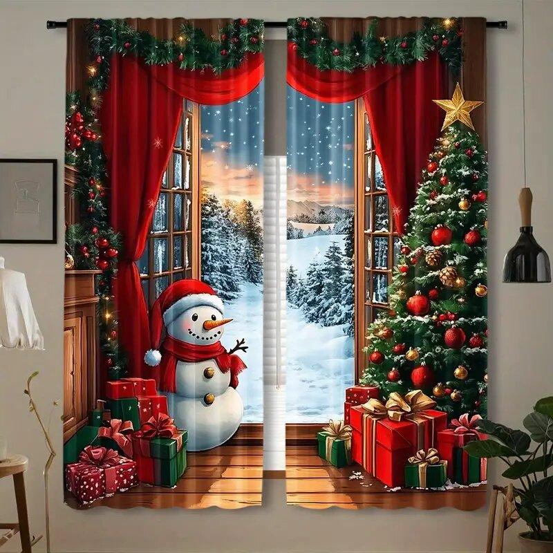 

2pcs The scene of Santa Claus and the snowman, simple wood printed curtains - home decor, room decor 14Wx39L(35x100CM)x2