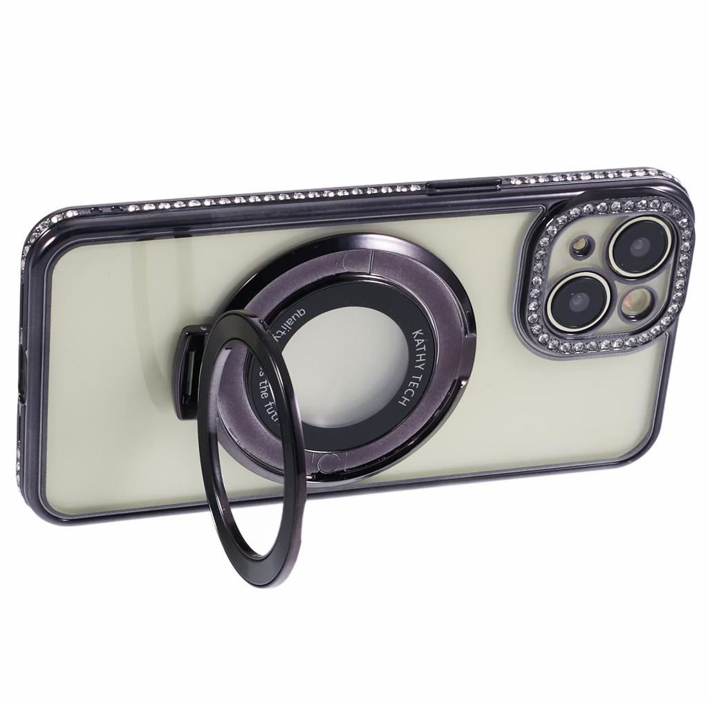 For iPhone 15 Case with Ring Kickstand TPU Anti-Dust Rhinestones Decor Protective Cover