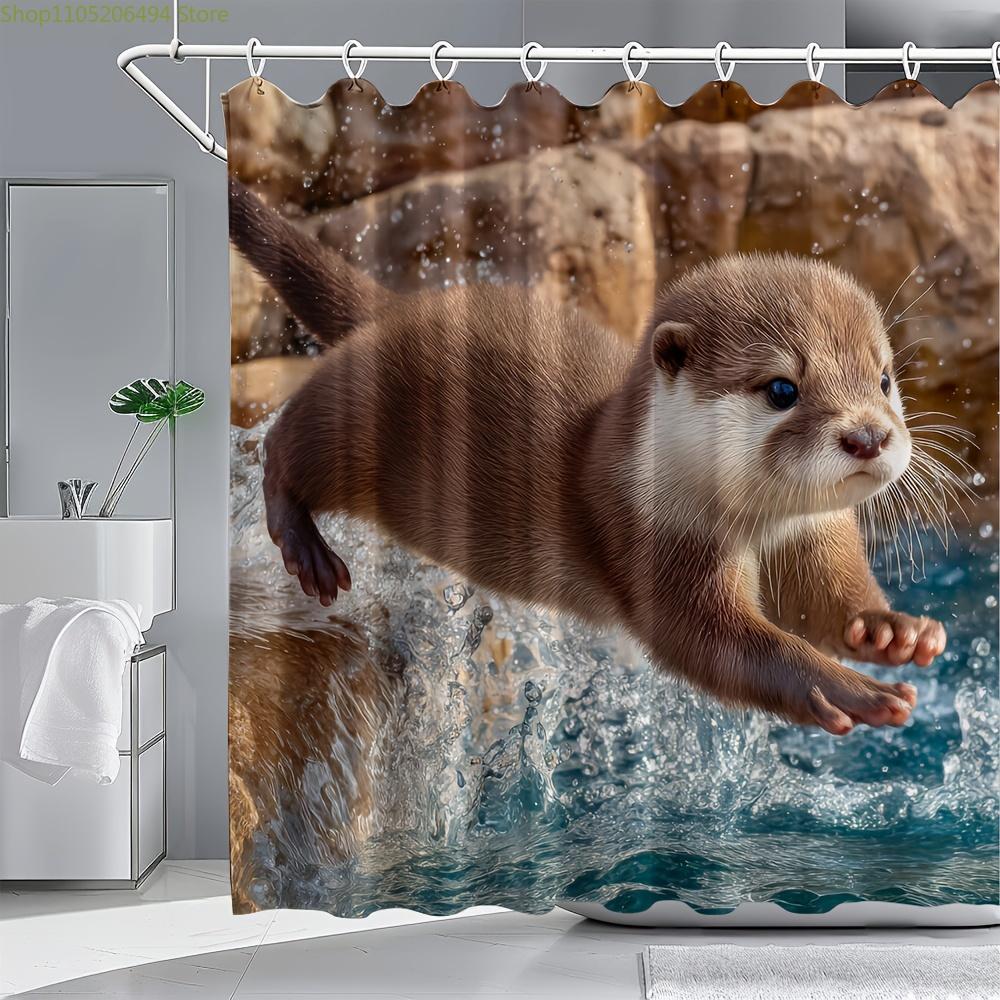 One Piece of a Shower Curtain Featuring a Jumping Otter Design, Made of Polyester, Ideal for Bathroom And Home Decor
