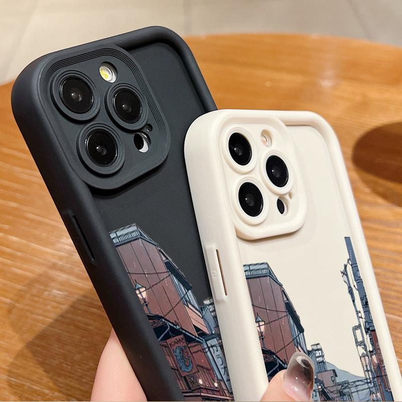 Rainy Night Streetscape Pattern Shockproof Case For iPhone 16 15 Plus 14 Pro Max 13 12 11 XS XR 8 Lens Protection TPU Soft Matte Silicone Phone Cover