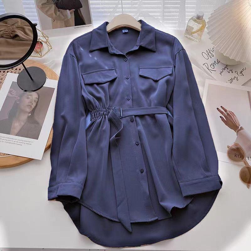 Women's Winter Mid-Length Korean Design Tie-up Long-Sleeved Shirt