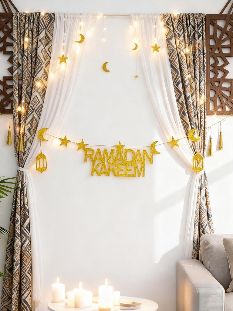 Ramadan Kareem Guldglitter Banner Non-Woven Tyg Stjärna Måne Lykta Tofs Väggdekor Girlang Islamisk Festlig Hemdekoration