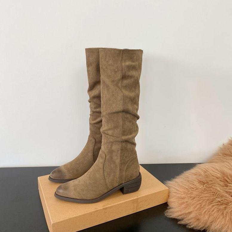 Korean version of retro long boots stacking boots thick heel high boots tall knight boots thin boots medium heel pointed cowboy boots