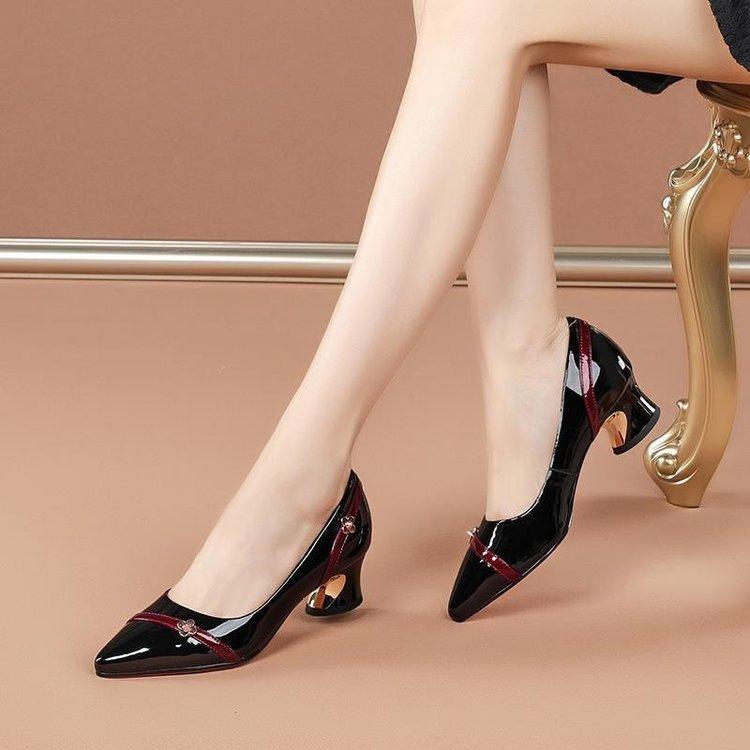 Spring Autumn Women's Mid Heel Thick Heel Versatile Soft Sole Professional Shallow Mouth Comfortable Pointed Women's Shoes