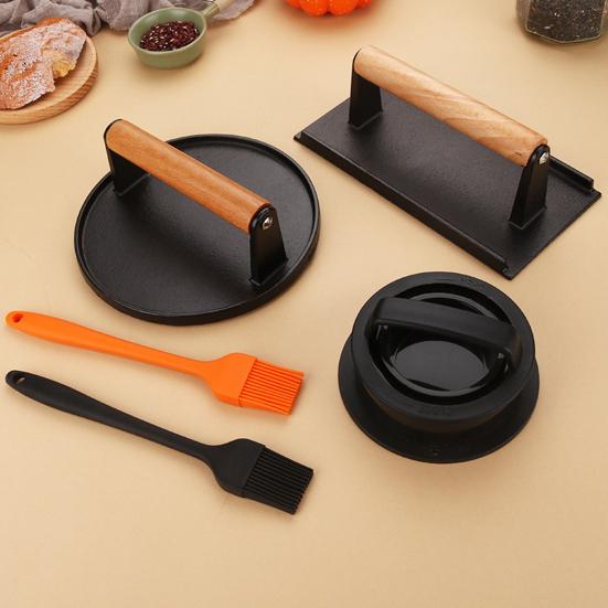2Pcs Cast Iron Meat Press with Wood Handle Heavy-Duty Bacon Burger Smasher for Grill Griddle Skillet Rust-Proof Round Rectangular Professional BBQ