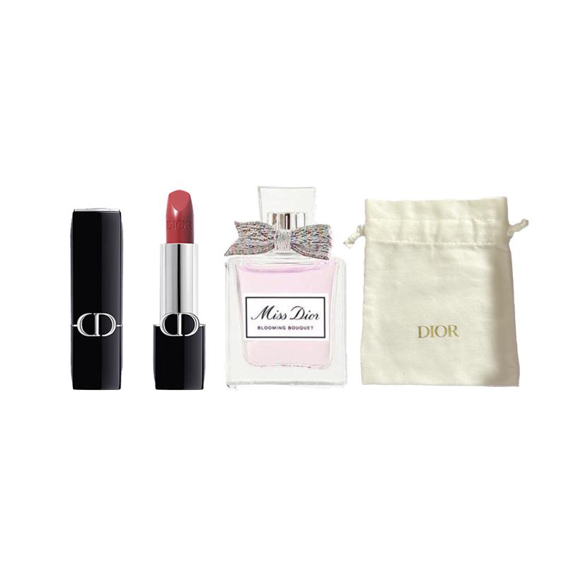 DIOR Perfume Vibrant Blue Gold Lipstick Sample Makeup Trial Set Velvet Satin #SATIN720+Flower Eau de Toilette 5ml+ Gold Label Small Cloth Bag синий