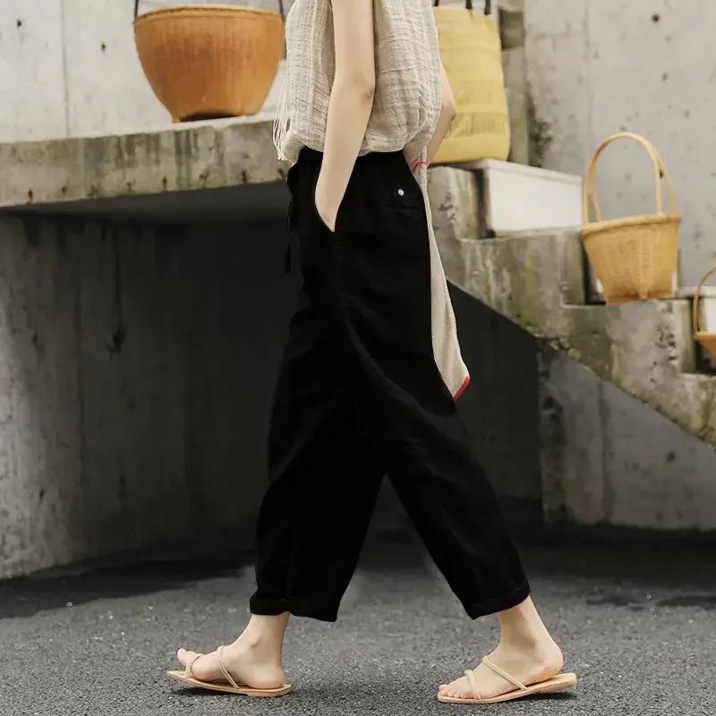 Women's Summer Linen  Loose Pocket Elastic Waist Wide Leg Retro Literary Casual Ninth Pants Suit Pants