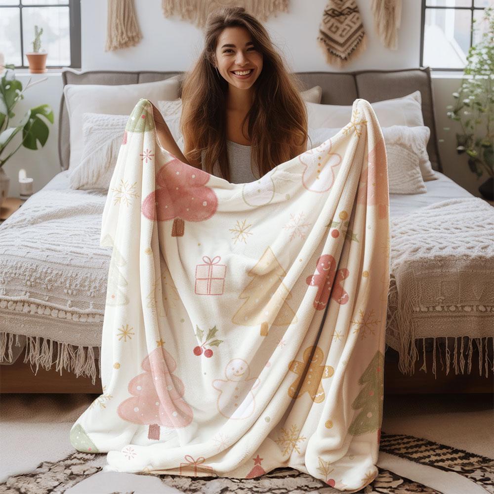 Cute Pink Christmas Tree Flannel Blanket Soft Cozy Throw Blanket Kawaii Holiday Xmas Girls Bedroom Couch Decor Blanket