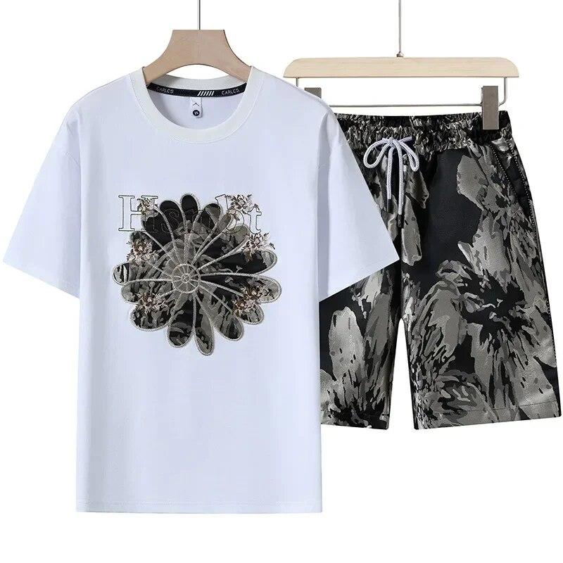 

Летняя футболка с коротким рукавом и круглым вырезом, мужские свободные повседневные шорты, комплект из двух предметов XXL белый