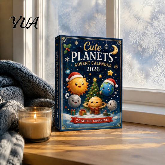 Astronomy Gift for Kids Space Advent Calendar, 24Pcs 2D Flat Acrylic Ornament Set with Planet Science Themed Christmas Star Designs, Tree Hanging