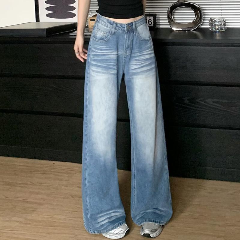 Women s Plus Size High Waist Wide Leg Denim Jeans - Washed, Faded, Loose, Floor Length, Straight Leg. S