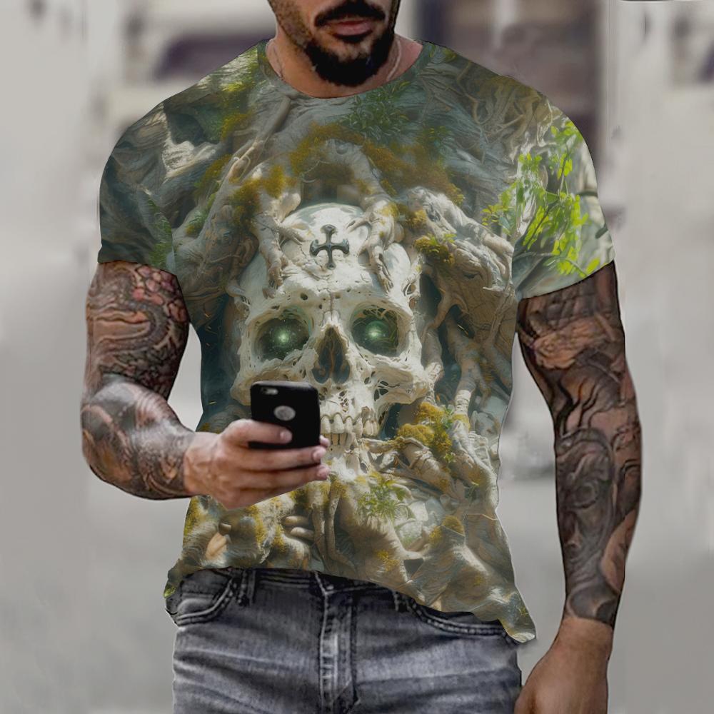 Gothic Skull and Roots T-krekls ar 3D apdruku — unisex Mystical Fantasy Graphic Tee zemes toņos Vīriešu T krekli