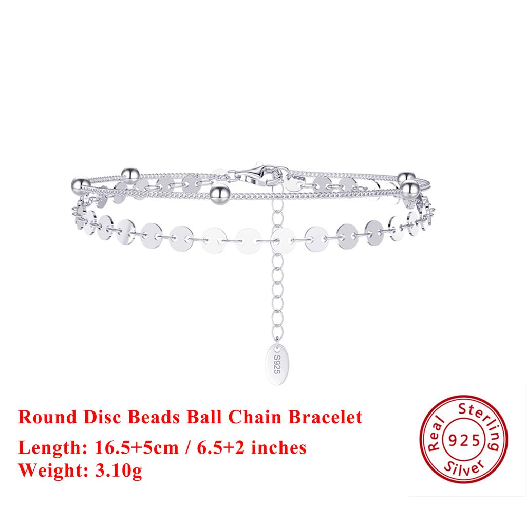 EFFIE QUEEN 925 Sterling Silver Round Bead Sequin Shiny Bracelet Daily Double Layered Chain Beads Bracelet Fashion Jewelry SB174