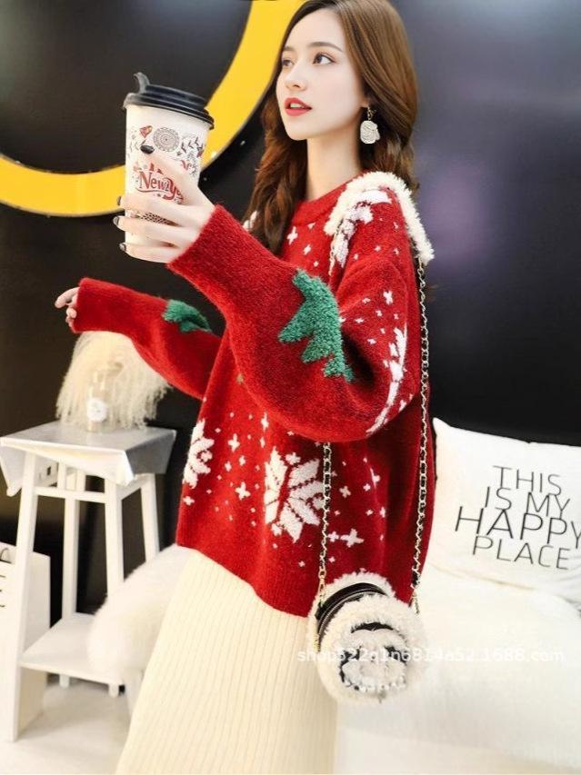 Women's Christmas Sweater: Best Friend Outfit, Autumn/Winter Style, Round Neck, Thick, Loose Slimming Knitwear Top