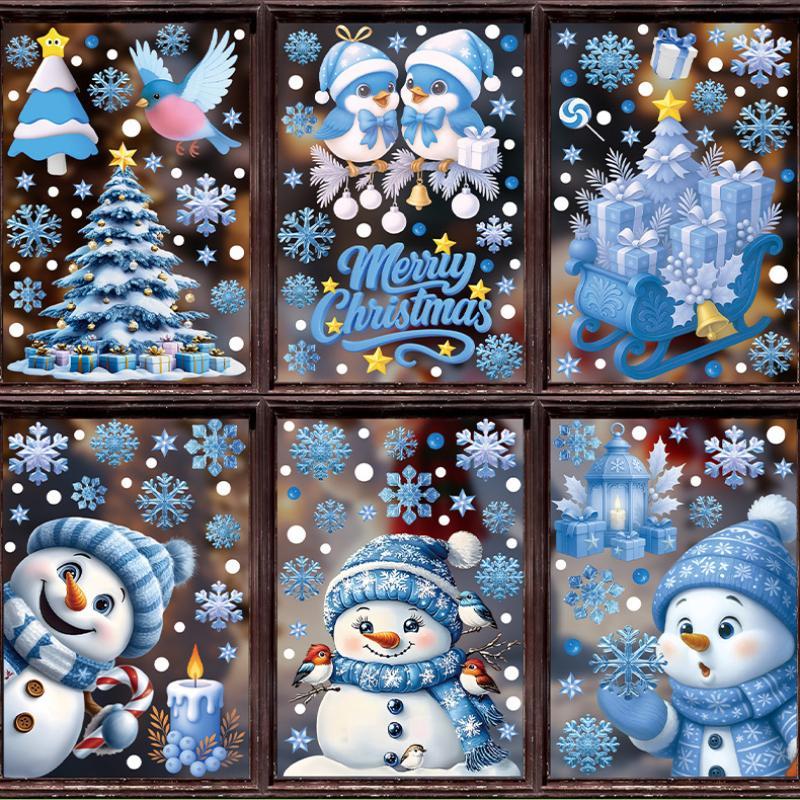 1/2/4/6/8/9 Sheets Blue Christmas Window Clings With Snowman Santa Reindeer Patterns Perfect For Winter Holiday Party Decoration