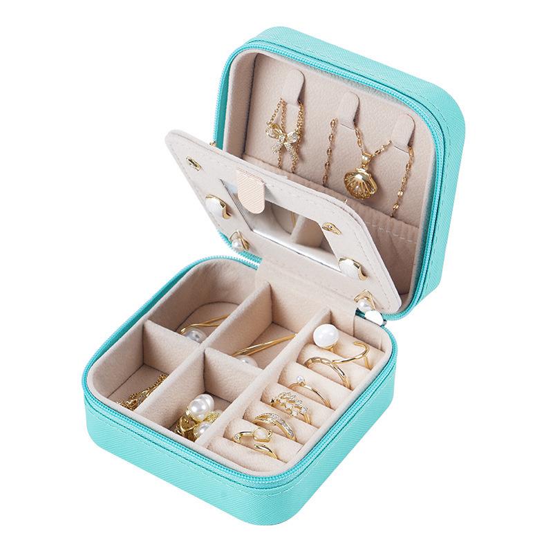 Compact Zippered Jewelry Box with Mirror – Stylish Travel Case for Rings, Earrings, and Accessories
