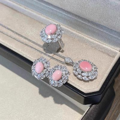 High-End Horse Eye Diamond Luxury Inlaid With Simulated Rouge Powder Conch Shell Necklace Set Light Luxury Stud Earrings High Carbon Diamond Ring