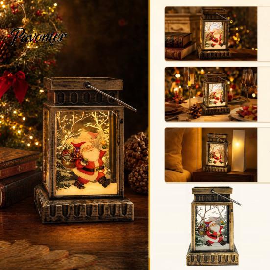 Warm LED Lantern Retro Christmas Night Light, Hand Painted Miniature Fairy Tale for Cozy Living Room Light Holiday Home Decor, Plastic Decorative Lamp