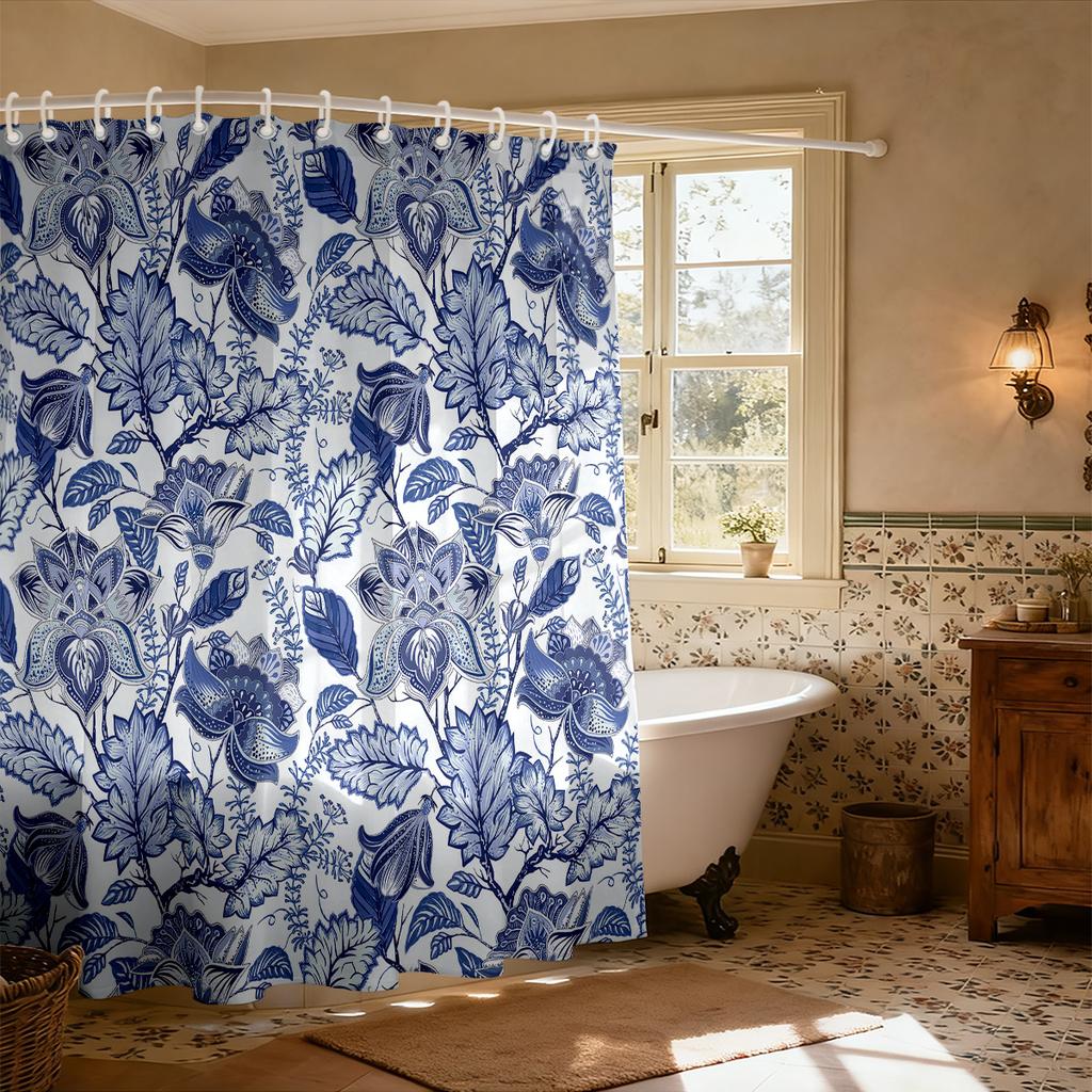 Perdea de duș albastră florală în stil chinezesc 90g/m² Impermeabilă Vintage Imprimeu porțelan Decor baie cu cârlige