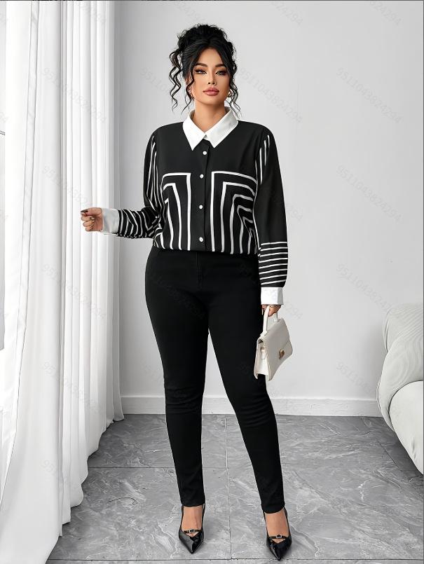 2026 Spring Plus Size Women's Color Block Digital Print Long Sleeve Shirt