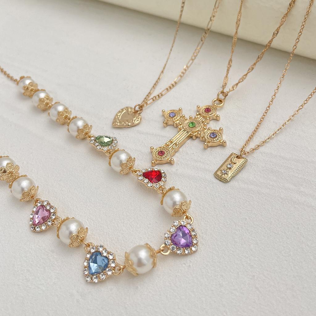 Personalized Diamond-Set Cross Stacked Necklace Female, Sweet And Cool Love Gemstone Imitation Pearl Chain Necklace