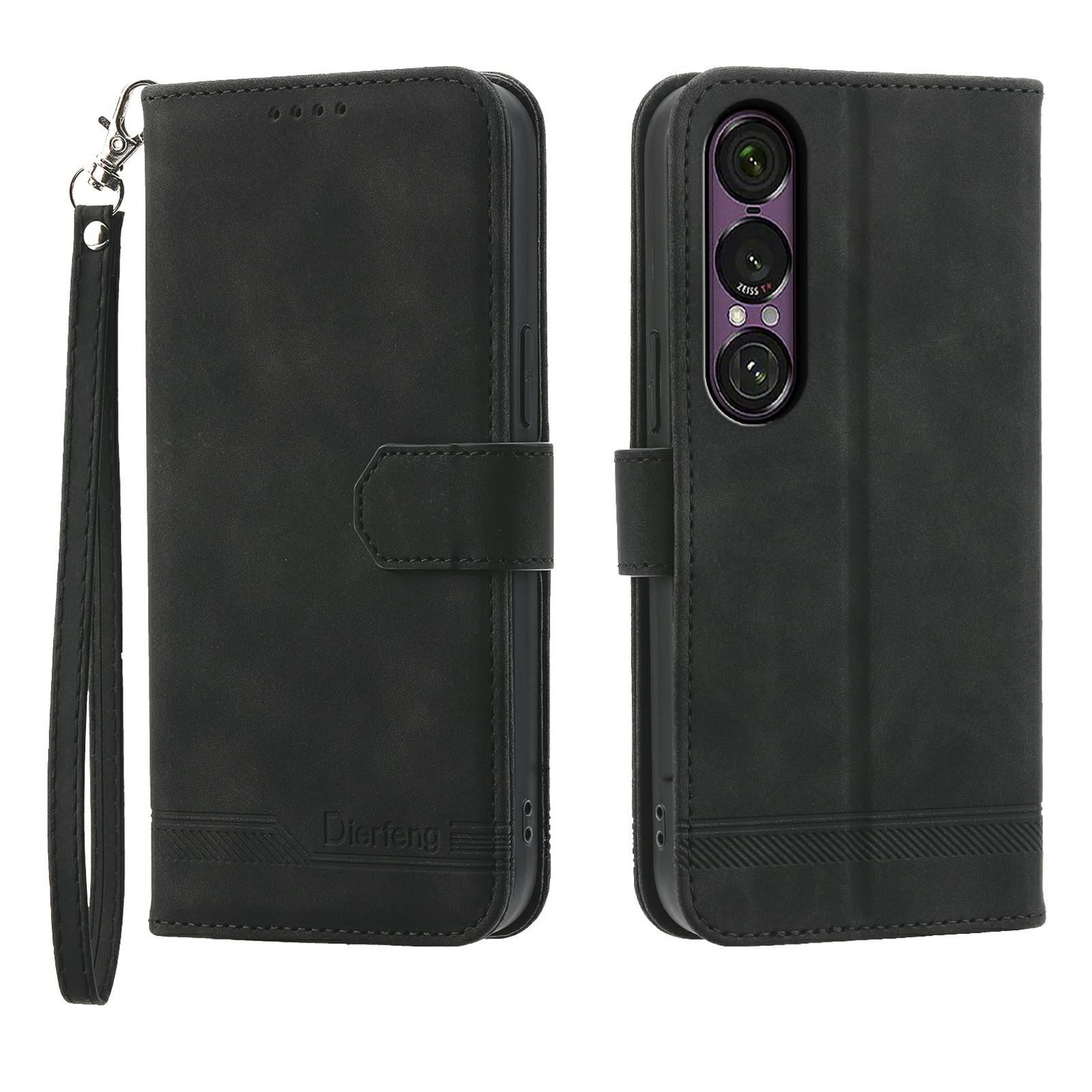 

DIERFENG DF-03 For Sony Xperia 1 VII Case Lines Imprint Wallet Leather Phone Cover Black