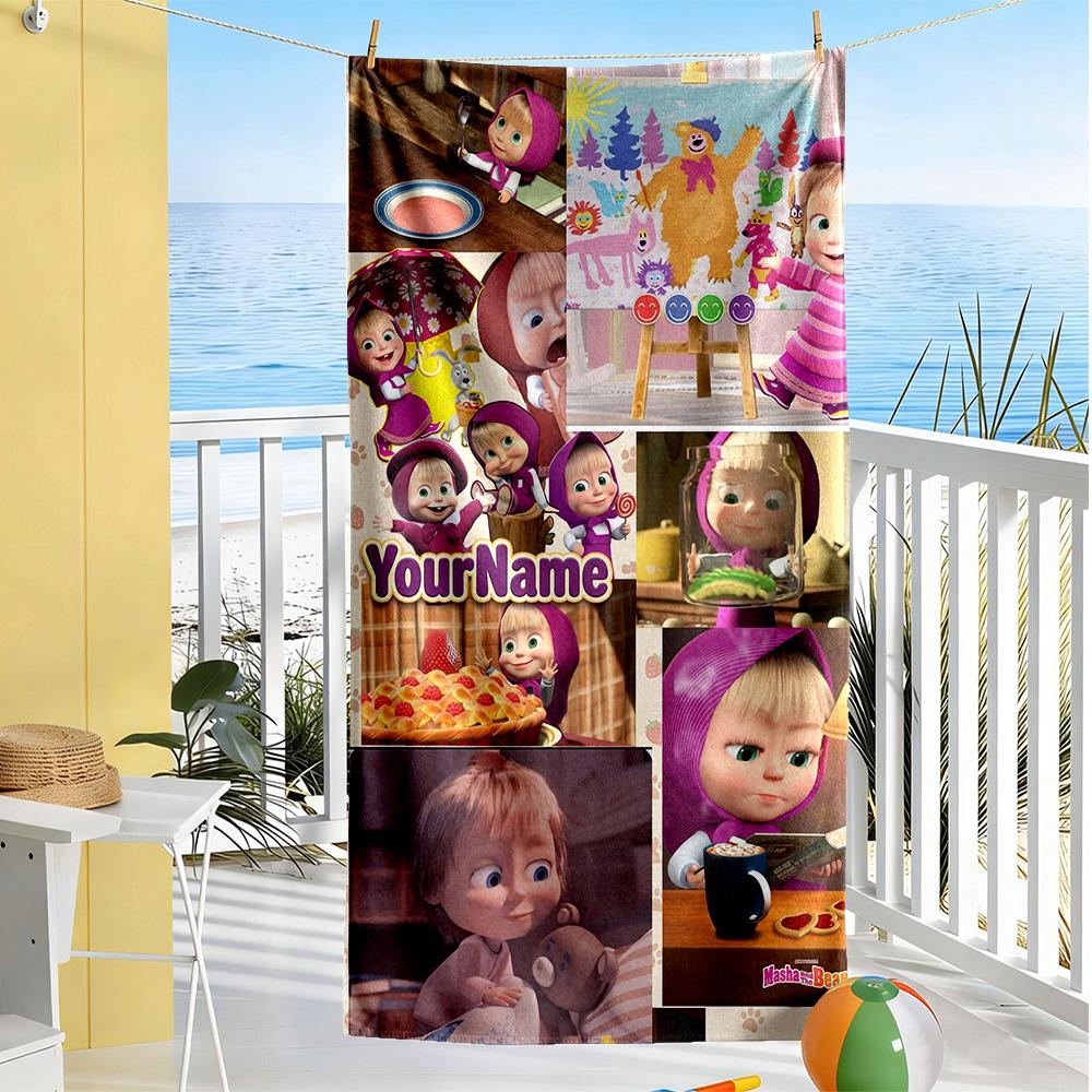Masha Bear Personalized Text Beach Towel High Absorbency & Quick-Dry Perfect for Traveling Yoga Camping and Swimming