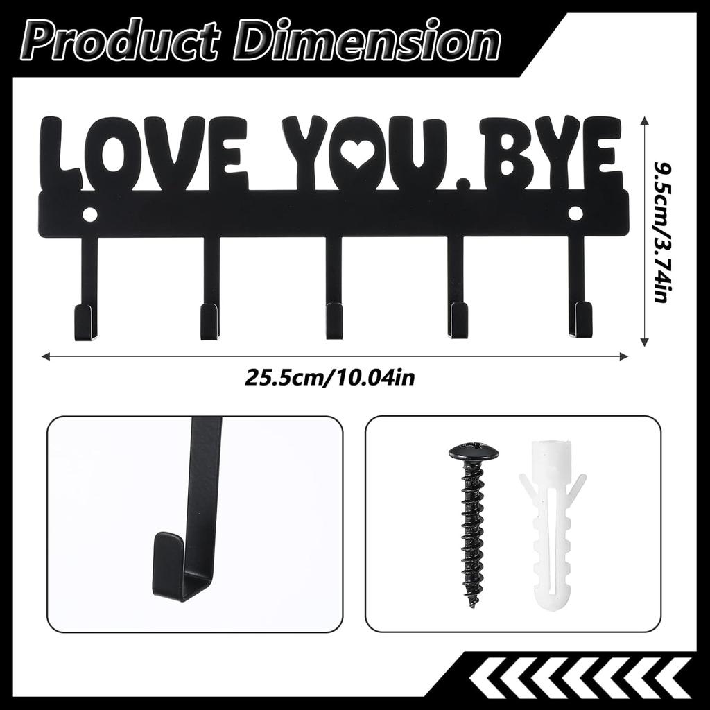 Key Holder Wall Mount, Large 'Love You.Bye' Entryway Organizer with 5 Hooks,Black Metal Key Hanger —No Drill Adhesive for Home Wall Decor