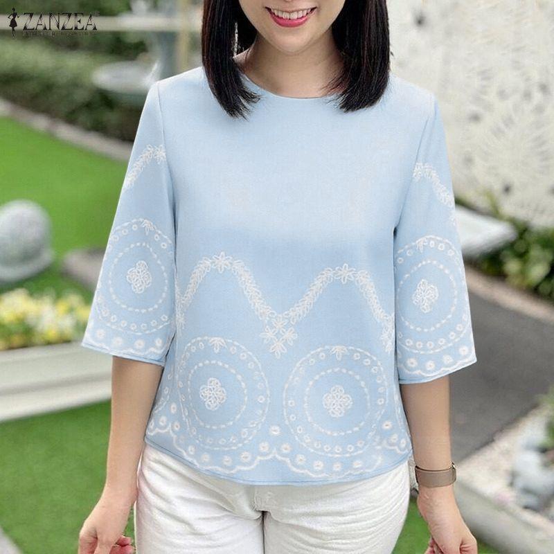 ZANZEA Lässige Bluse mit Rundhalsausschnitt und 3/4-Ärmeln und lockerem Print für Damen