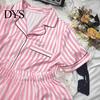 Women Sleepwear Ensemble 2 Pcs/Set Shirt Shorts Suit Lapel Short Sleeves Satin Striped Contrast Short-sleeve Pajama Set Color Top Elastic Waist