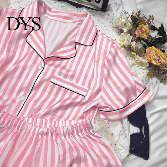 Women Sleepwear Ensemble 2 Pcs/Set Shirt Shorts Suit Lapel Short Sleeves Satin Striped Contrast Short-sleeve Pajama Set Color Top Elastic Waist
