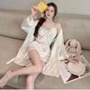 Light Luxury Ice Silk Nightgown Two-piece Set Women's Spring and Summer Thin Long-sleeved Suspender Set Internet Celebrity Ice and Snow Silk Women's